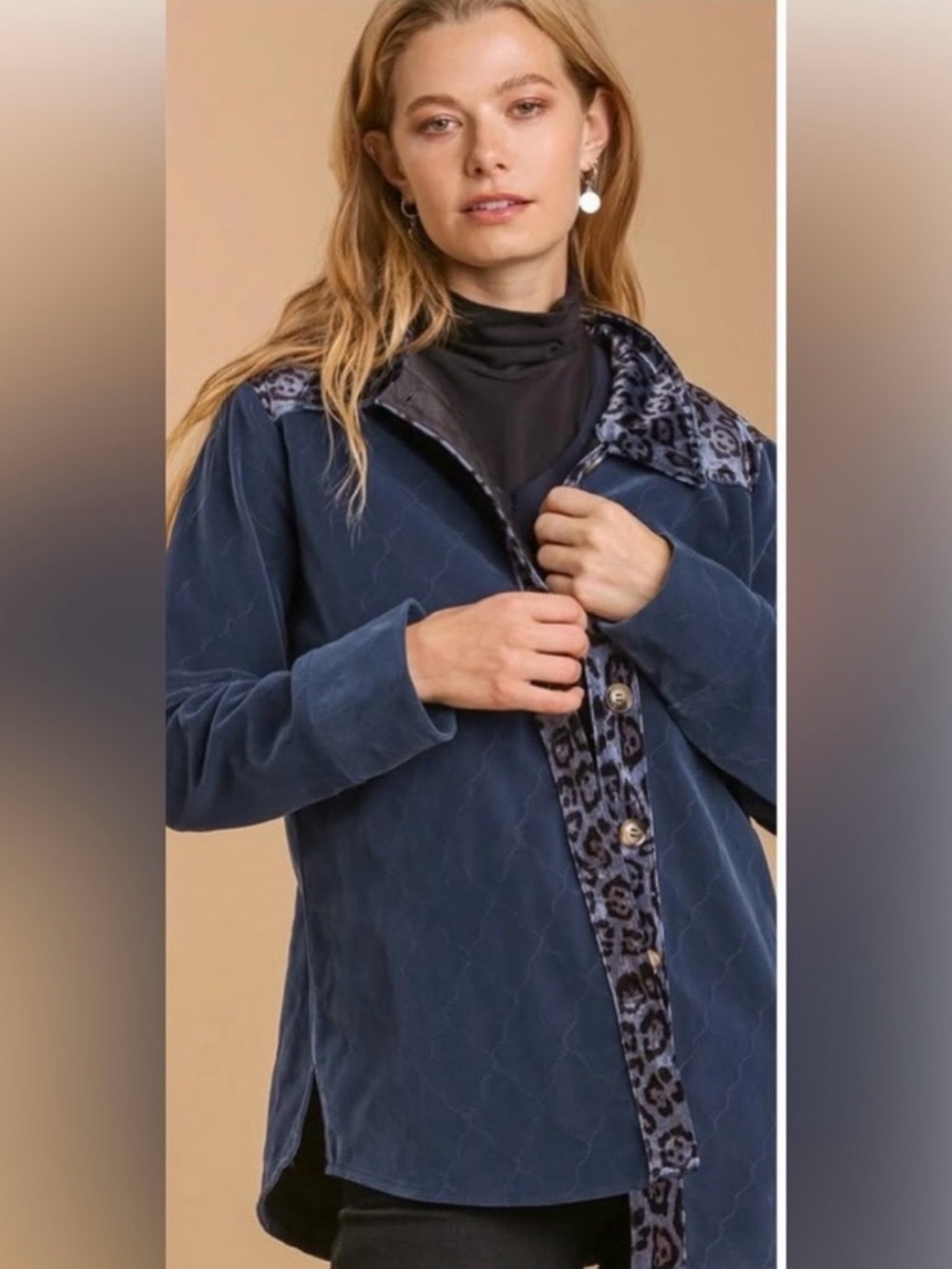 NWT Umgee Dark Blue Quilted w/Leopard Collared Shirt/Jacket/Shacket. Size S - Picture 4 of 5